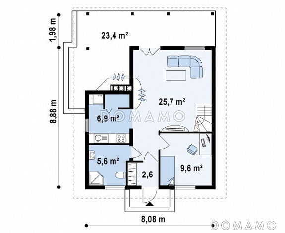 Проект компактного одноэтажного мансардного дома из газобетон с барбекю на крытой террасе / План 1 этажа Проект компактного одноэтажного мансардного дома из газобетон с барбекю на крытой террасе / План 1 этажа