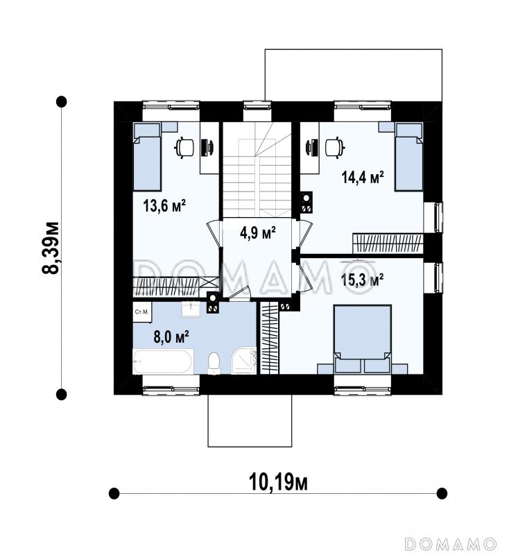 Проект загородного двухэтажного дома с террасой, комнатой на первом этаже, санузлом под лестницей / План 2 этажа