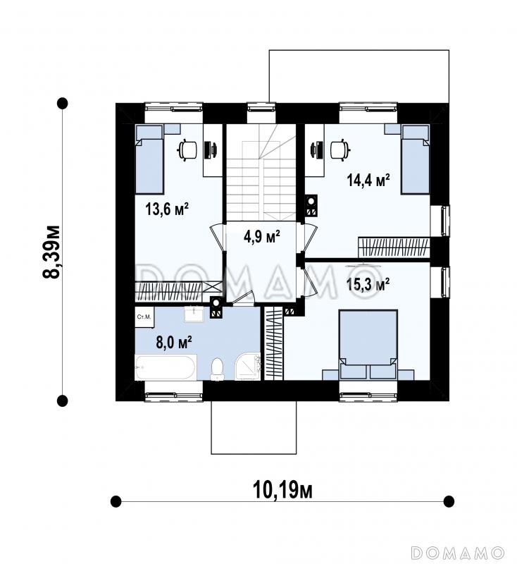 Проект загородного двухэтажного дома с террасой, комнатой на первом этаже, санузлом под лестницей / План 2 этажа