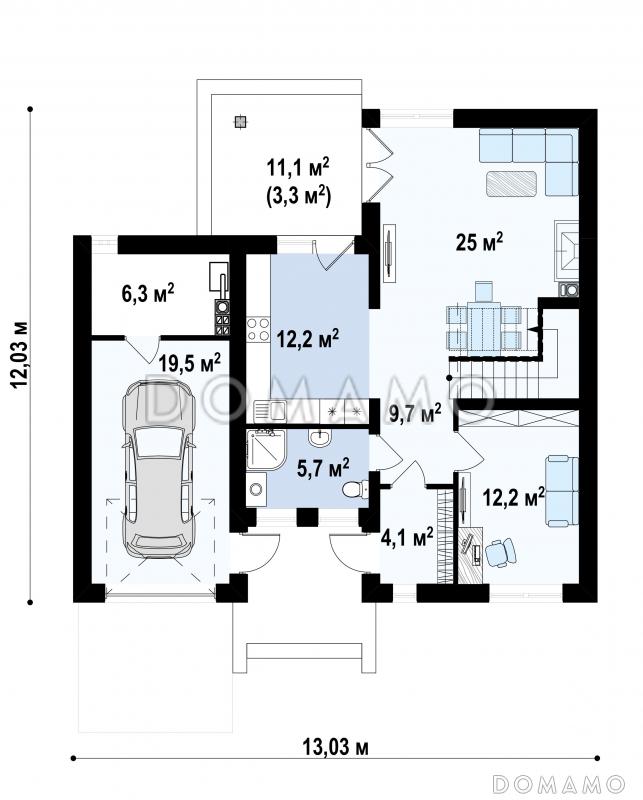Проект двухэтажного дома с большим санузлом на первом этаже, кабинетом, гаражом на один автомобиль, балконом / План 1 этажа