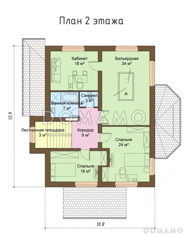 Проект большого двухэтажного дома с эркером / План 2 этажа