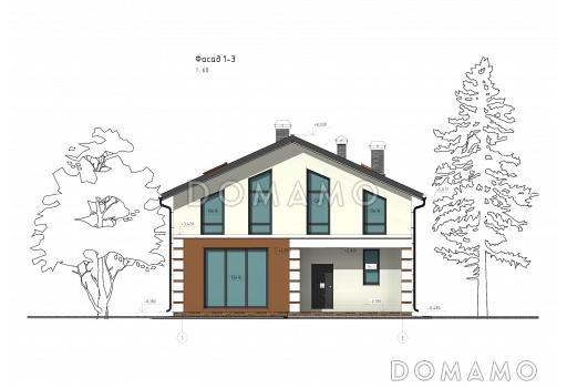 Проект коттеджа с совмещенной кухней-гостиной, спортзалом на мансардном этаже, балконом и окнами в пол / Фасад 4