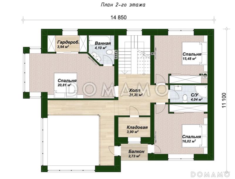 Проект двухэтажного дома с 3 спальнями, крытой террасой и панорамными окнами / План 2 этажа