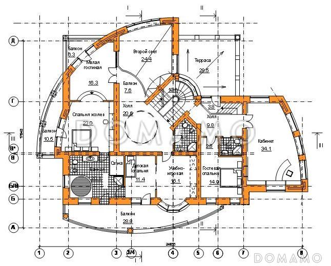 Проект коттеджа с оригинальной планировкой и гаражом на 2 а/м / План 2 этажа
