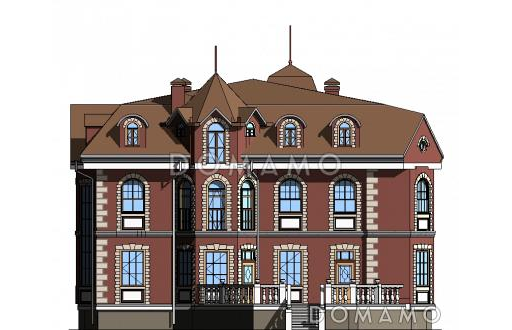 Проект двухэтажного дома с цоколем и мансардой, с сауной, бассейном и вторым светом  / Фасад 2