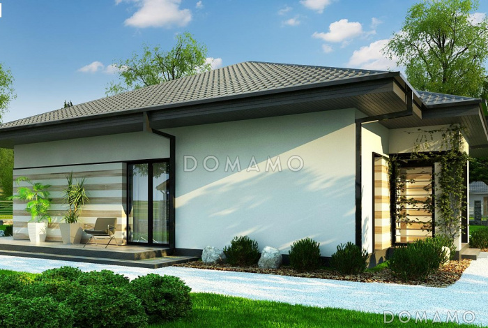 Проект одноэтажного дома из газобетона с тремя спальнями, просторной дневной зоной и большой террасой