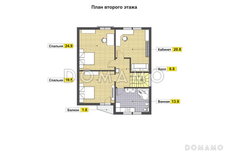 Проект каркасного дома с кухней-гостиной в длину дома / План 2 этажа
