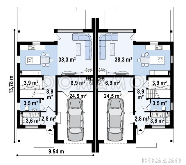 Проект мансардных домов-близнецов из кирпича с гаражом и слуховым окном / План 1 этажа