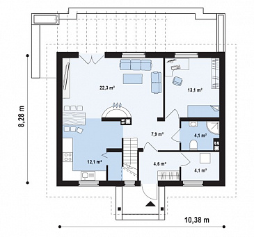 Проект одноэтажного мансардного дома из газобетона с камином в центральной части дома / План 1 этажа Проект одноэтажного мансардного дома из газобетона с камином в центральной части дома / План 1 этажа
