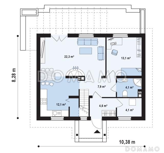 Проект одноэтажного мансардного дома из газобетона с камином в центральной части дома / План 1 этажа