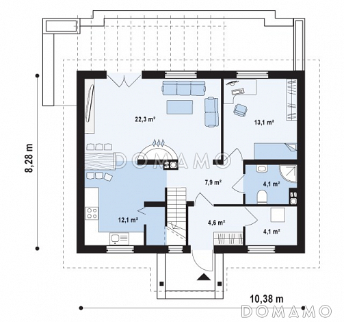 Проект одноэтажного мансардного дома из газобетона с камином в центральной части дома / План 1 этажа Проект одноэтажного мансардного дома из газобетона с камином в центральной части дома / План 1 этажа