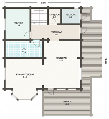 Проект деревянного дома из клееного бруса  для постоянного проживания семьи из 3-4 человек / План 1 этажа Проект деревянного дома из клееного бруса  для постоянного проживания семьи из 3-4 человек / План 1 этажа