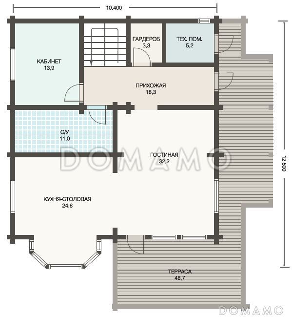 Проект деревянного дома из клееного бруса  для постоянного проживания семьи из 3-4 человек / План 1 этажа