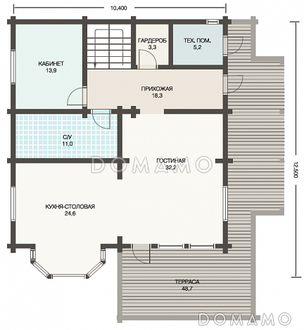 Проект деревянного дома из клееного бруса  для постоянного проживания семьи из 3-4 человек / План 1 этажа Проект деревянного дома из клееного бруса  для постоянного проживания семьи из 3-4 человек / План 1 этажа