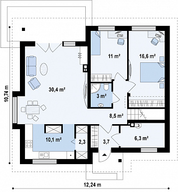 Проект мансардного дома из газобетона с двумя спальнями на первом этаже и двумя на мансарде / План 1 этажа Проект мансардного дома из газобетона с двумя спальнями на первом этаже и двумя на мансарде / План 1 этажа