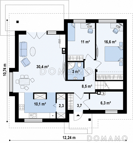 Проект мансардного дома из газобетона с двумя спальнями на первом этаже и двумя на мансарде / План 1 этажа Проект мансардного дома из газобетона с двумя спальнями на первом этаже и двумя на мансарде / План 1 этажа
