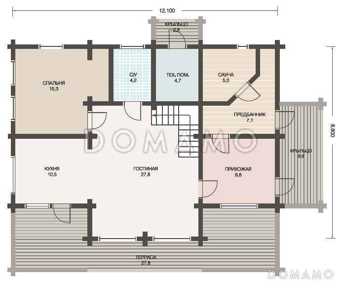 Проект деревянного дома из клееного бруса с просторной, светлой гостиной и техническим помещением с отдельным входом / План 1 этажа