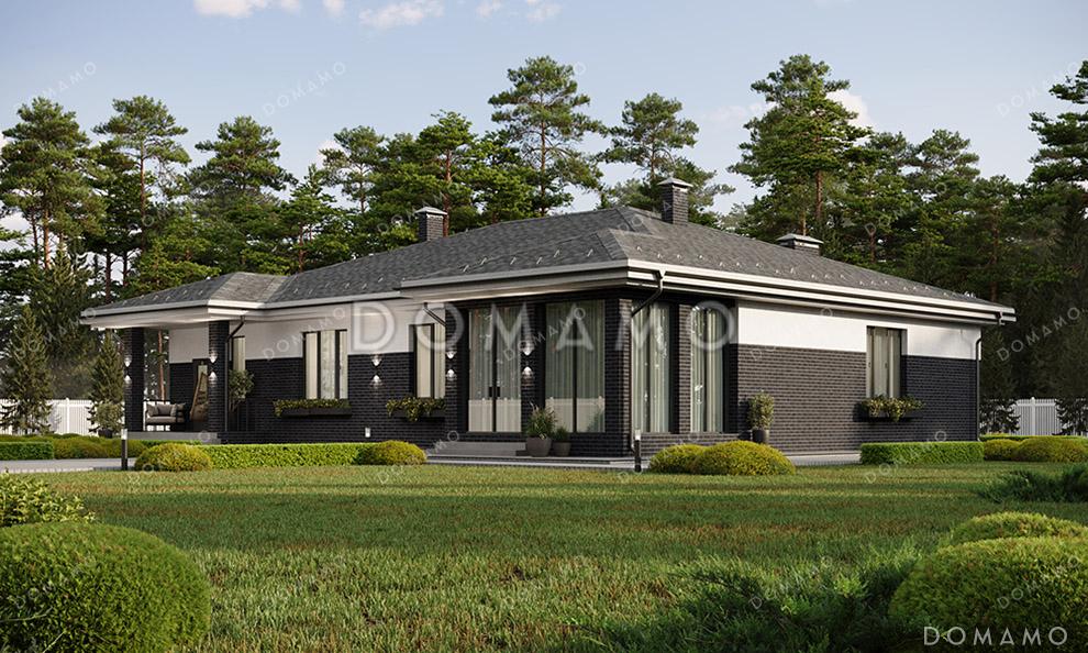 Проект большого одноэтажного дома с пристроенным гаражом, просторной кухней-гостиной, крытой застекленной верандой и навесом перед гаражом / 2