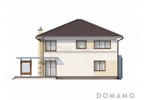 Проект просторного современного двухэтажного дома из газобетона, с четырьмя комнатами, гаражом и вторым светом над гостиной / Фасад 3