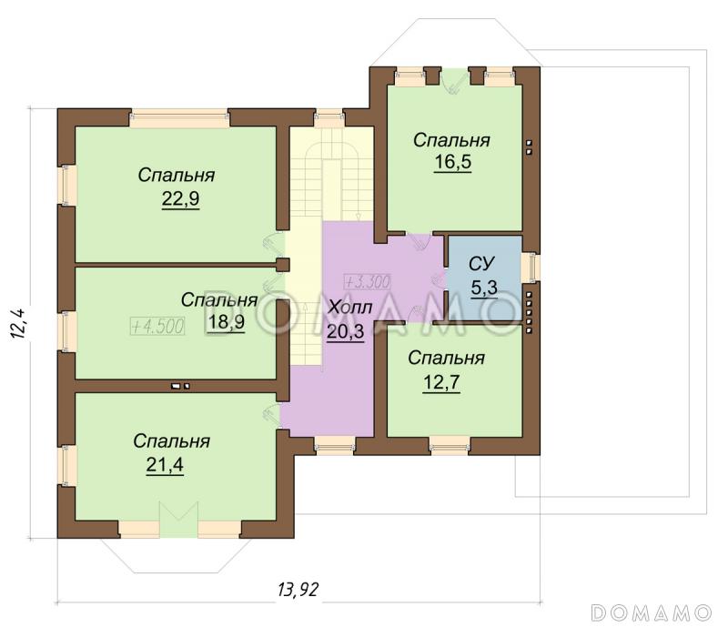 Проект дома с мансардным этажом, пристроенным гаражом и двумя балконами / План мансардного этажа
