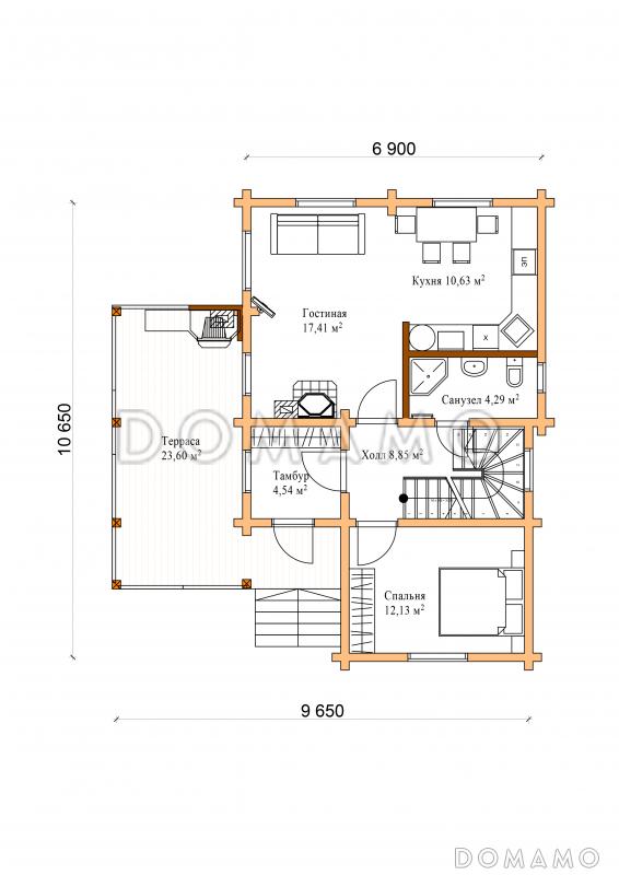 Проект коттеджа в брусовом исполнением с террасой / План 1 этажа