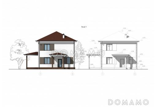 Проект двухэтажного дома с тремя спальнями, кабинетом, гостной-кухней-столовой и котельной / Фасад 1