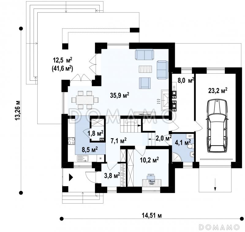 Проект дома с гаражом, просторной гостиной, французскими балконами, чердаком / План 1 этажа