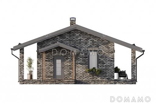 Проект компактной одноэтажной бани в классическом стиле с большой террасой, витражным остеклением и просторной комнатой отдыха / Фасад 4