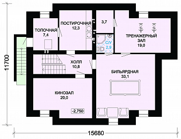 Проект вместительного особняка с бильярдным помещением, тренажерным залом и кинозалом / План цокольного этажа Проект вместительного особняка с бильярдным помещением, тренажерным залом и кинозалом / План цокольного этажа