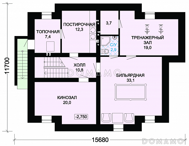 Проект вместительного особняка с бильярдным помещением, тренажерным залом и кинозалом / План цокольного этажа Проект вместительного особняка с бильярдным помещением, тренажерным залом и кинозалом / План цокольного этажа