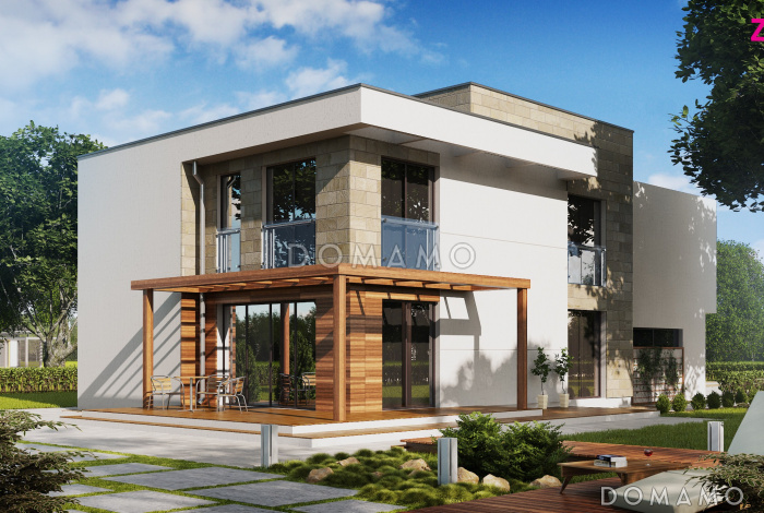 Проект двухэтажного дома из газобетона в стиле модерн, с четырьмя спальнями, кабинетом и гаражом Проект двухэтажного дома из газобетона в стиле модерн, с четырьмя спальнями, кабинетом и гаражом