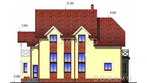 Проект дома с мансардным этажом, пристроенным гаражом и двумя балконами / Фасад 3