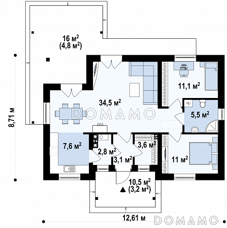 Проект компактного одноэтажного дома из газобетона с двумя спальнями и частично крытой угловой террасой, с возможностью обустроить мансарду / План 1 этажа Проект компактного одноэтажного дома из газобетона с двумя спальнями и частично крытой угловой террасой, с возможностью обустроить мансарду / План 1 этажа
