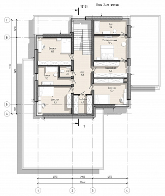 Проект просторного дома с навесом, верандой, сауной, 4 спальнями и кабинетом / План 2 этажа Проект просторного дома с навесом, верандой, сауной, 4 спальнями и кабинетом / План 2 этажа