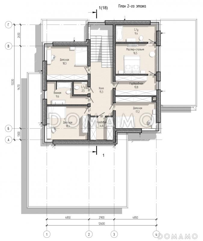 Проект просторного дома с навесом, верандой, сауной, 4 спальнями и кабинетом / План 2 этажа