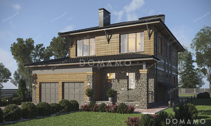 Проект двухэтажного дома с террасой, гаражом на два автомобиля и подвалом Проект двухэтажного дома с террасой, гаражом на два автомобиля и подвалом