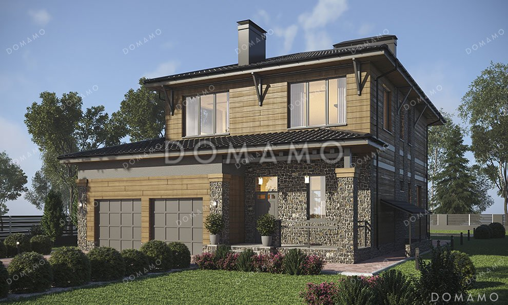 Проект двухэтажного дома с террасой, гаражом на два автомобиля и подвалом / 1