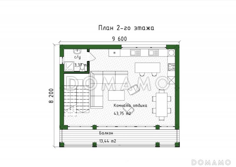 Проект трехэтажного дома в стиле хай-тек, адаптированный для сейсмозоны / План 2 этажа