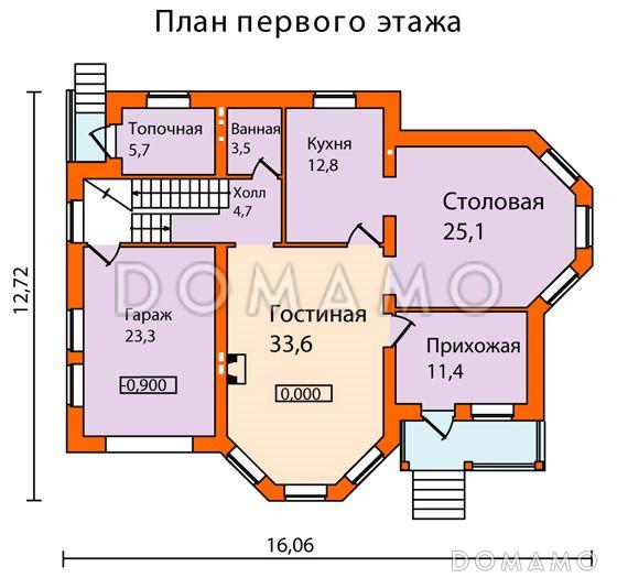 Проект кирпичного дома с большими, выразительными эркерами / План 1 этажа