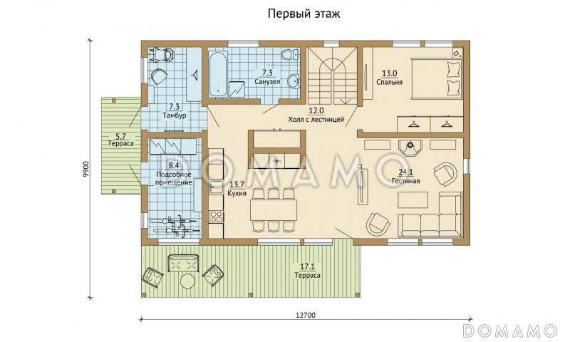 Проект современного каркасного дома с просторным балконом на втором этаже / План 1 этажа