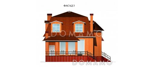 Проект одноэтажного коттеджа с мансардным этажом, гаражом и летней открытой площадкой на крыше гаража / Фасад 3