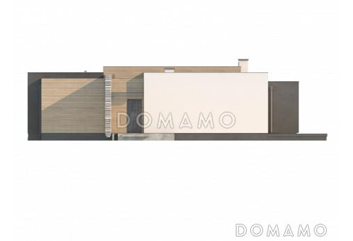 Проект одноэтажного дома из кирпича с плоской крышей, большой площадью остекления и крытой террасой, увеличенная версия / Фасад 3