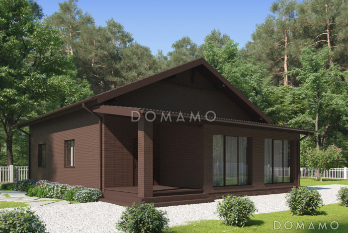 Проект загородного дома с верандой, просторной кухней-столовой, кладовой, жилыми комнатами Проект загородного дома с верандой, просторной кухней-столовой, кладовой, жилыми комнатами