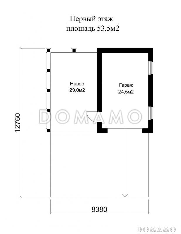 Проект отдельно стоящего гаража - бокс и навес для машины под одной крышей / План 1 этажа