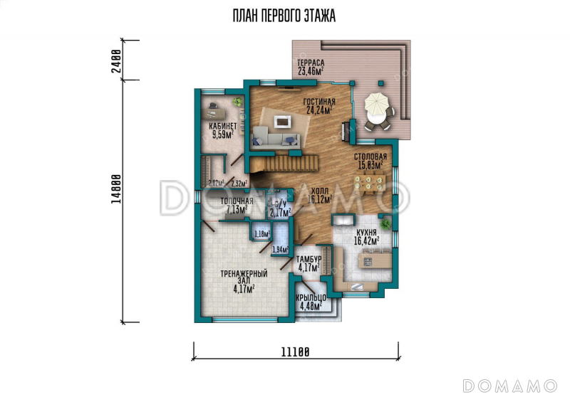 Проект дома с террасой и тренажерным залом / План 1 этажа