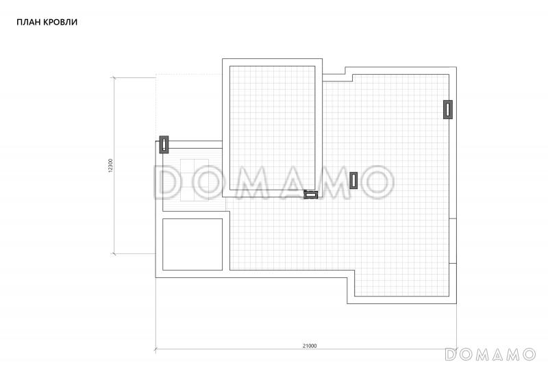 Проект современного дома с цокольным этажом, плоской кровлей, террасой с барбекю / План кровли