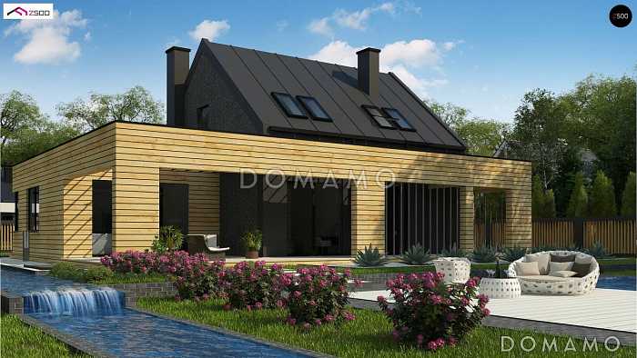 Проект современного двухэтажного дома из кирпича с комбинированной крышей