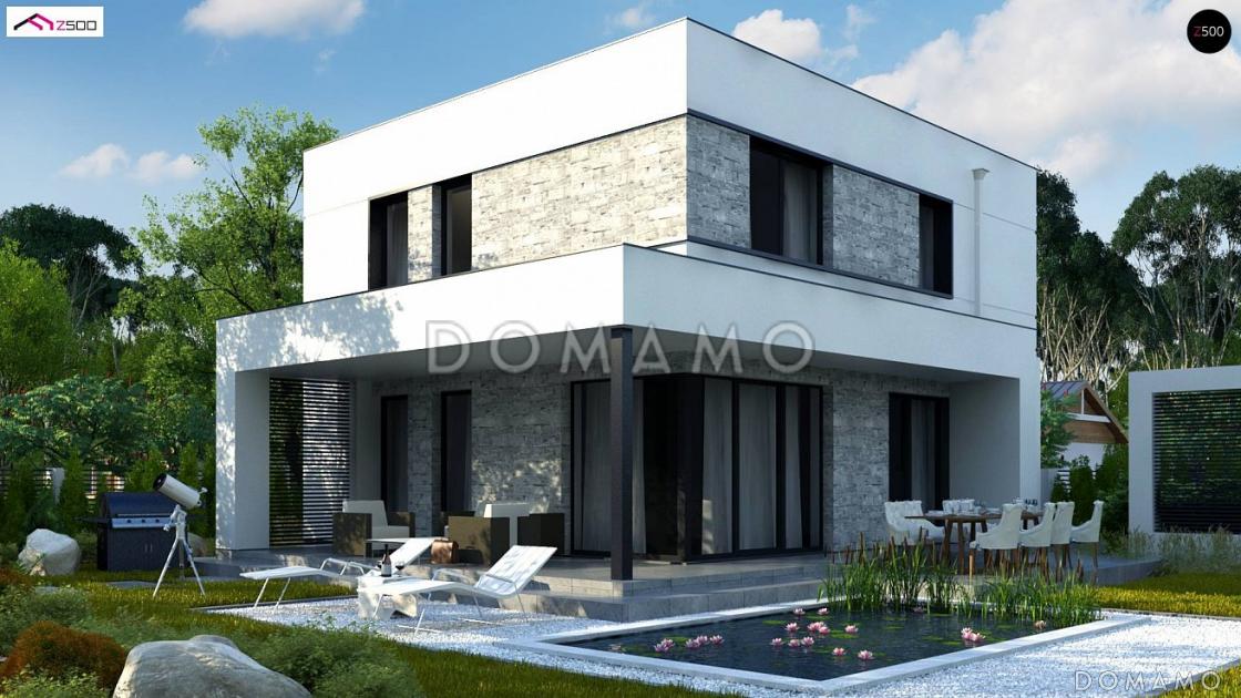 Проект современного двухэтажного дома из кирпича с плоской крышей, четырьмя комнатами, угловым остеклением гостиной и гаражом / 1