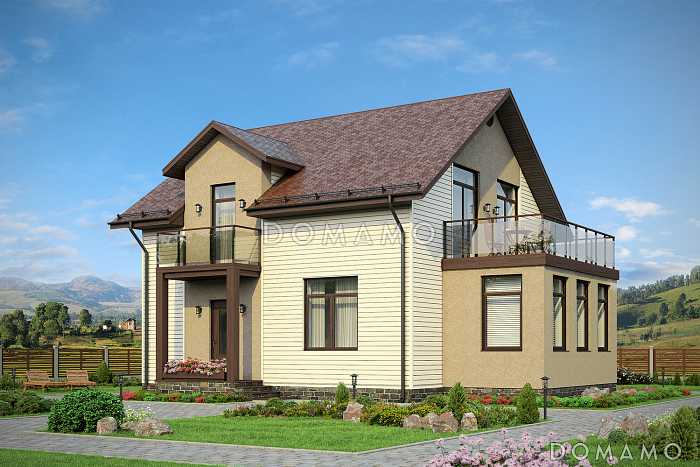 Проект коттеджа тремя спальнями, верандой и большим балконом