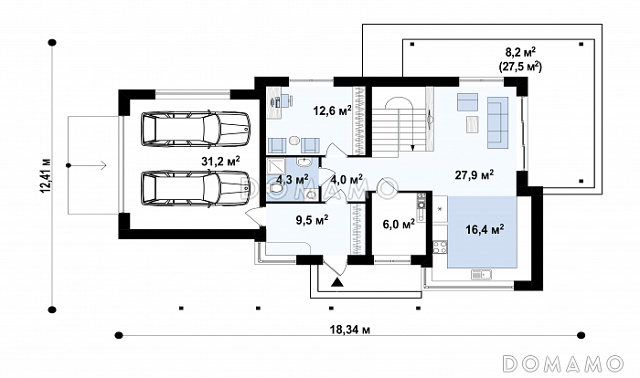 Проект современного загородного дома с гаражом на 2 автомобиля, террасой, большой кухней, кабинетом / План 1 этажа Проект современного загородного дома с гаражом на 2 автомобиля, террасой, большой кухней, кабинетом / План 1 этажа